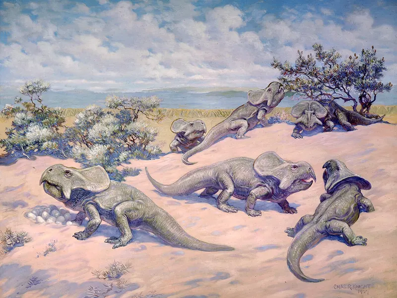 A painting of several small frilled dinosaurs beside a nest of eggs in a desert landscape