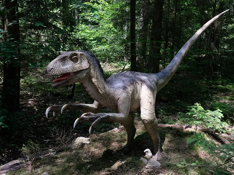 A life-size model of a grey, scaly raptor with a big claw on each foot, standing among trees